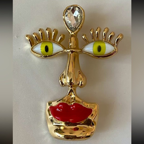 Betsey Johnson Gold and Red Face Brooch Schiaparelli Style - Picture 1 of 10
